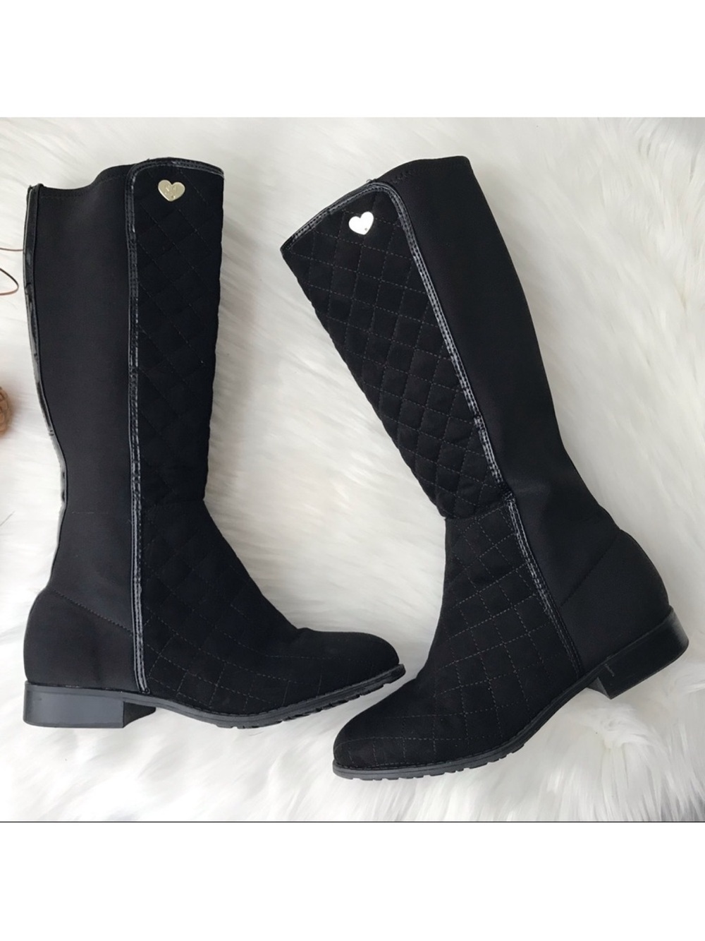 Stuart Weitzman Black Quilted Knee Boots with Gold Heart Accent